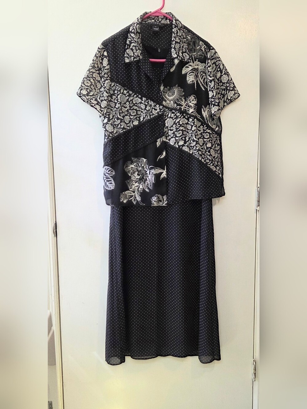 Virgo Vintage Black & White Polka Dot Maxi Dress With Floral Patchwork Jacket